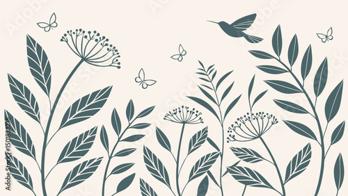 Illustration of botanical garden with plants, flowers, butterflies, and a flying hummingbird in green created with generated ai