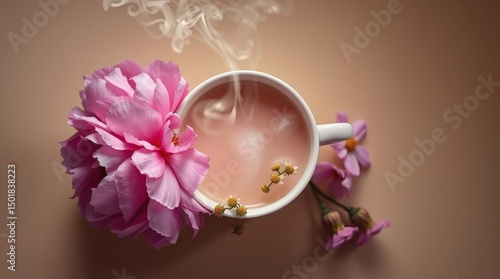 A Soft Pink Drink in a Cup with Floral Decor and Gentle Steam
