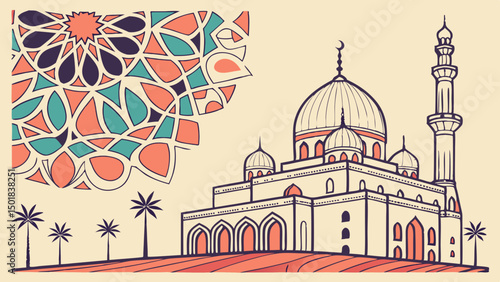 Illustration of a mosque with geometric design and palm trees on a beige background scene is visible created with generated ai
