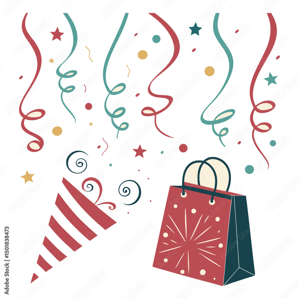 Fototapeta premium A vibrant abstract vector background with colorful holiday confetti and streamers, creating a celebratory mood. Ideal for party invitations, holiday announcements, and festive graphic backdrops.