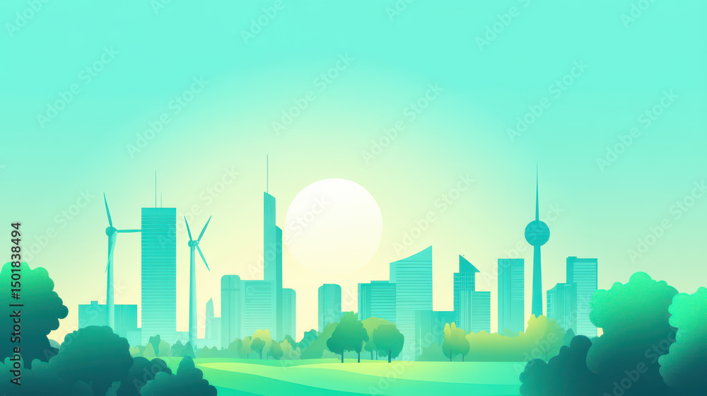 Obraz premium Eco-friendly Cityscape: A vibrant illustration depicts a sustainable cityscape, showcasing skyscrapers, wind turbines, and lush green spaces under a bright sun, promoting environmental consciousness.