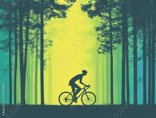 Wallpaper Mural Silhouette Cyclist in the Forest: A lone cyclist navigates a trail deep within a lush forest, framed against a radiant backdrop, evoking a sense of freedom and adventure. Torontodigital.ca