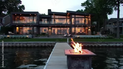 Contemporary Waterfront Home With Fireplace By The Lake At Night