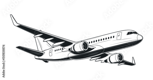 Black and White Illustration of a Passenger Airplane in Flight