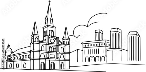 The New Orleans skyline, incorporating the St. Louis Cathedral and French Quarter elements in a smooth, continuous-line style.