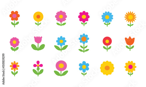 Chamomile. Colorful daisy round flower set. Camomile icon collection. Isolated on background. Flat design. Vector illustration. Summer chamomile flower. Love symbol. Groovy daisy flowers set