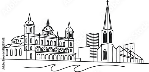 A minimalist line drawing of the New Orleans skyline, incorporating the St. Louis Cathedral and French Quarter elements in a smooth, continuous-line style.
