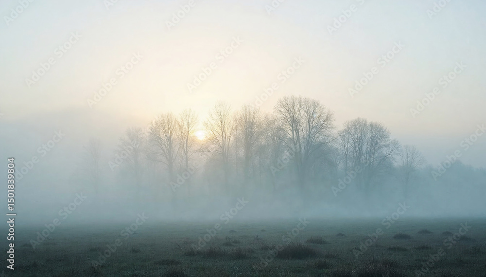 Fototapeta premium Misty Sunrise Over Trees in a Foggy Landscape for Environmental Awareness, Climate Change Blogs, Nature Conservation Websites, and Outdoor Enthusiast Content