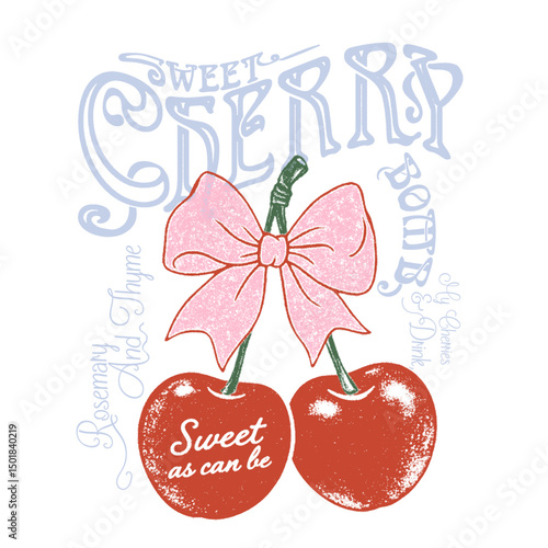 Vintage Cherry print design. bow with cherry graphics in vector. food fashion graphics. girls t-shirt design. summer fruit prinnts. typogrape slogan artwork.