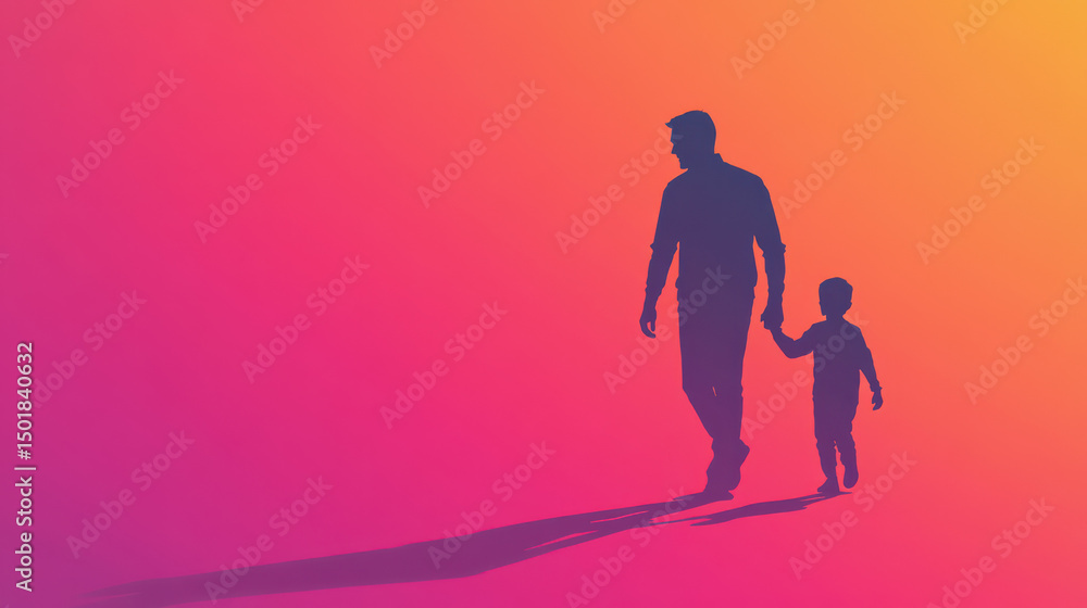 Naklejka premium Father and Son Silhouette: A touching silhouette of a father and son walking hand in hand, captured against a vibrant gradient backdrop, creating a sense of warmth and familial bond.