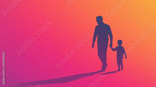 Father and Son Silhouette: A touching silhouette of a father and son walking hand in hand, captured against a vibrant gradient backdrop, creating a sense of warmth and familial bond.