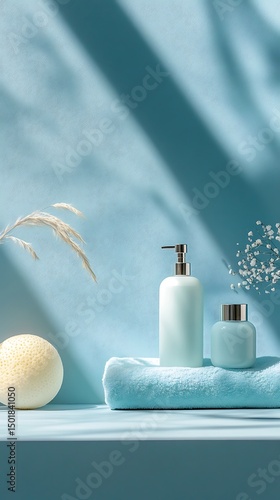 Spa Still Life with Blue Towel, Cosmetic Bottles, Sponge and Floral Twigs Decor