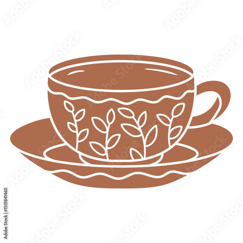 Brown tea cup with leaves design