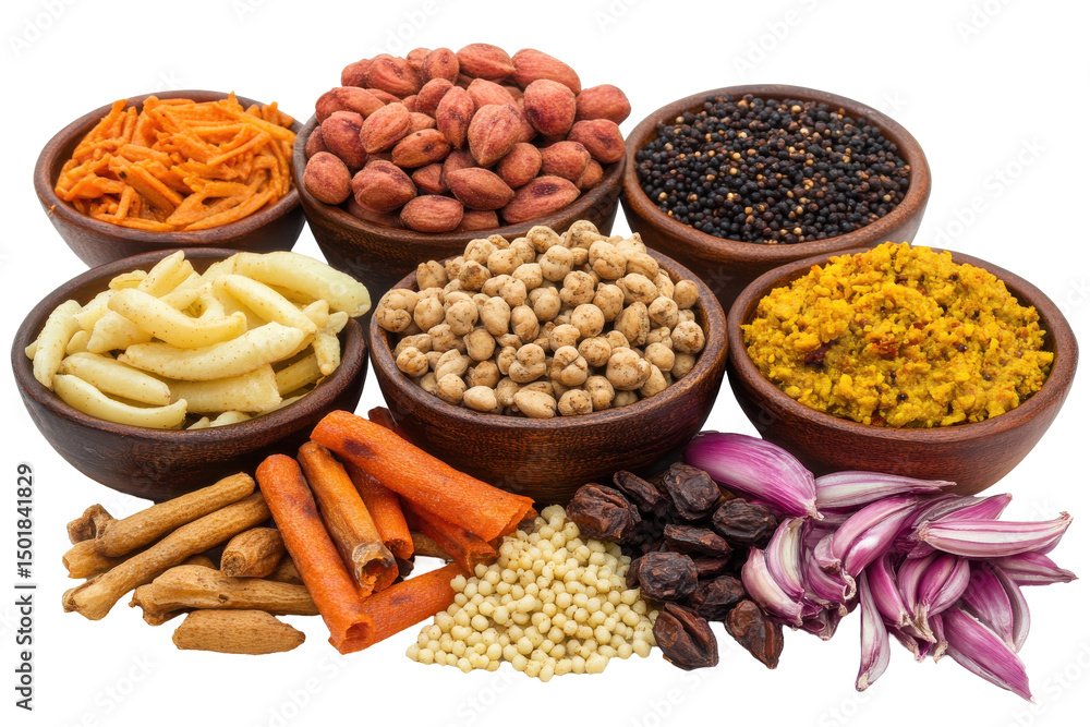 A medley of spices and snacks in wooden bowls on white background A medley of spices and snacks in wooden bowls on white background