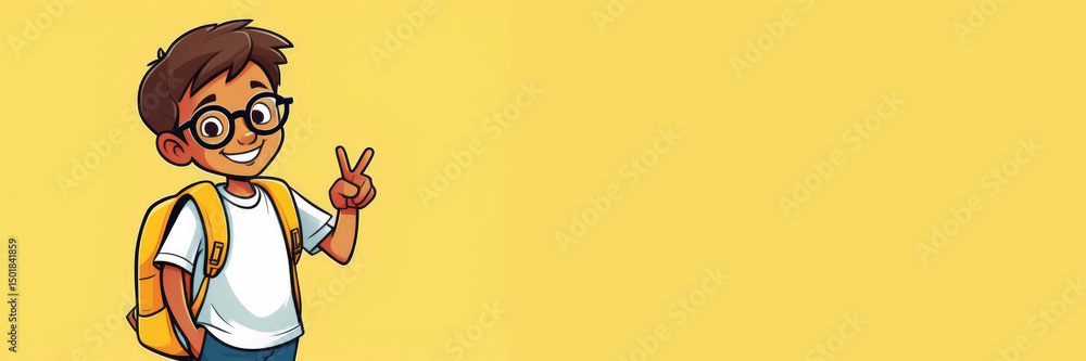 Obraz premium A young boy with short black hair and glasses smiles and points to a copy space for text. He wears a white t-shirt and has a yellow backpack, horizontal banner