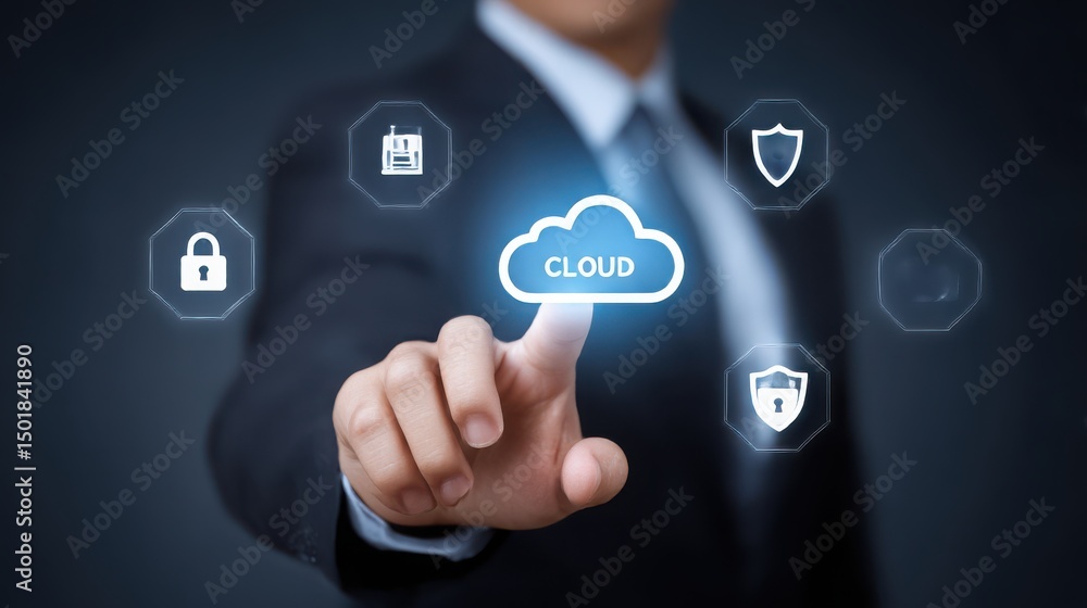 Businessman touching cloud computing security interface Businessman touching cloud computing security interface