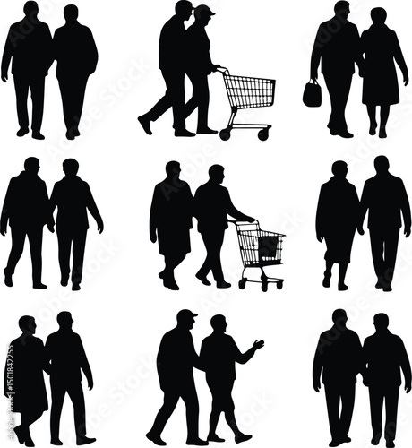 Old Couple Walking Silhouette Set – Elderly Love Vector Design Senior Couple Strolling Silhouettes – Aging Gracefully Graphic Pack