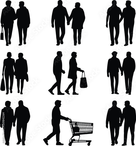 Old Couple Walking Silhouette Set – Elderly Love Vector Design Senior Couple Strolling Silhouettes – Aging Gracefully Graphic Pack