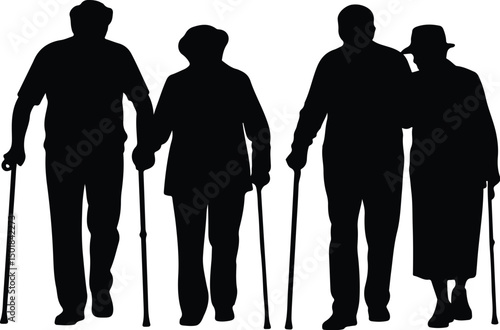 Old Couple Walking Silhouette Set – Elderly Love Vector Design Senior Couple Strolling Silhouettes – Aging Gracefully Graphic Pack