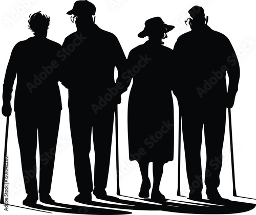 Old Couple Walking Silhouette Set – Elderly Love Vector Design Senior Couple Strolling Silhouettes – Aging Gracefully Graphic Pack