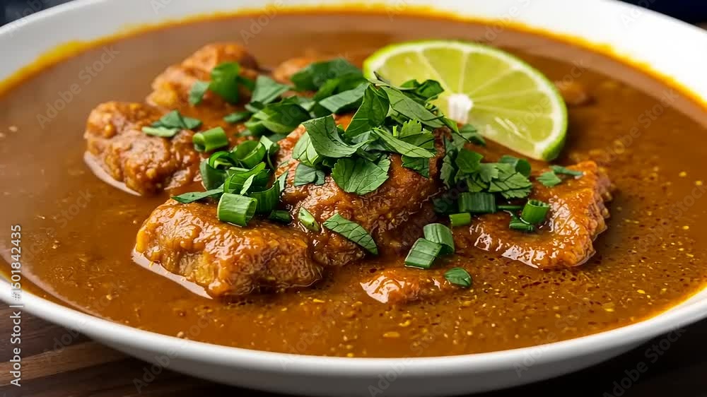 Delicious bowl of spicy meat stew garnished with fresh herbs and lime, served on a wooden table Delicious bowl of spicy meat stew garnished with fresh herbs and lime, served on a wooden table