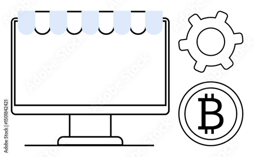 Computer monitor with canopy represents e-commerce. Bitcoin logo and gear symbolize digital currency, blockchain, automation. Ideal for fintech, online business, blockchain, cryptocurrency