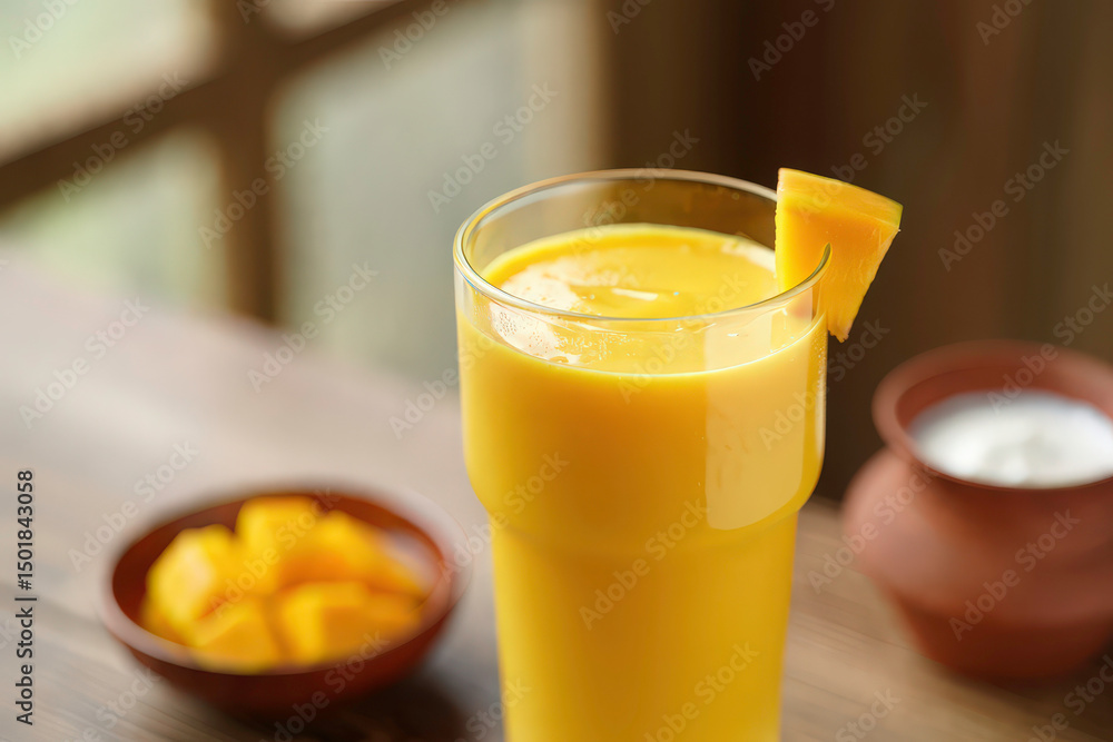 close-up portrait of a tall, chilled glass of mango lassi served on a rustic wooden table, sunlight streaming through a nearby window close-up portrait of a tall, chilled glass of mango lassi served on a rustic wooden table, sunlight streaming through a nearby window