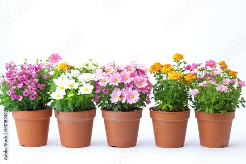 Potted colorful flowers isolated on white background