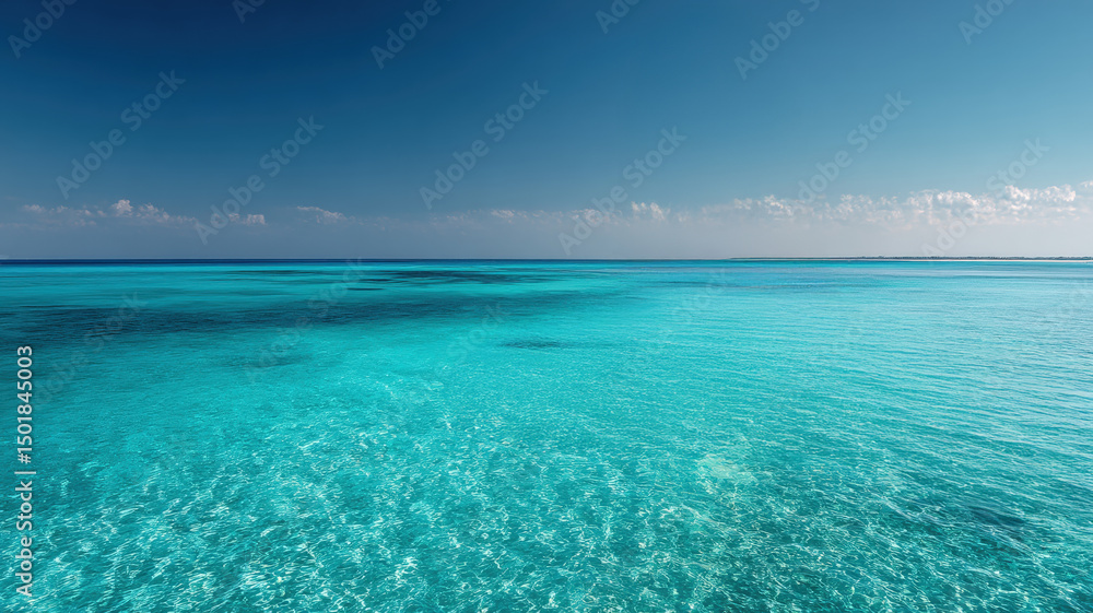 Obraz premium Crystal clear turquoise sea and calm horizon under sunny blue sky with soft clouds reflecting light