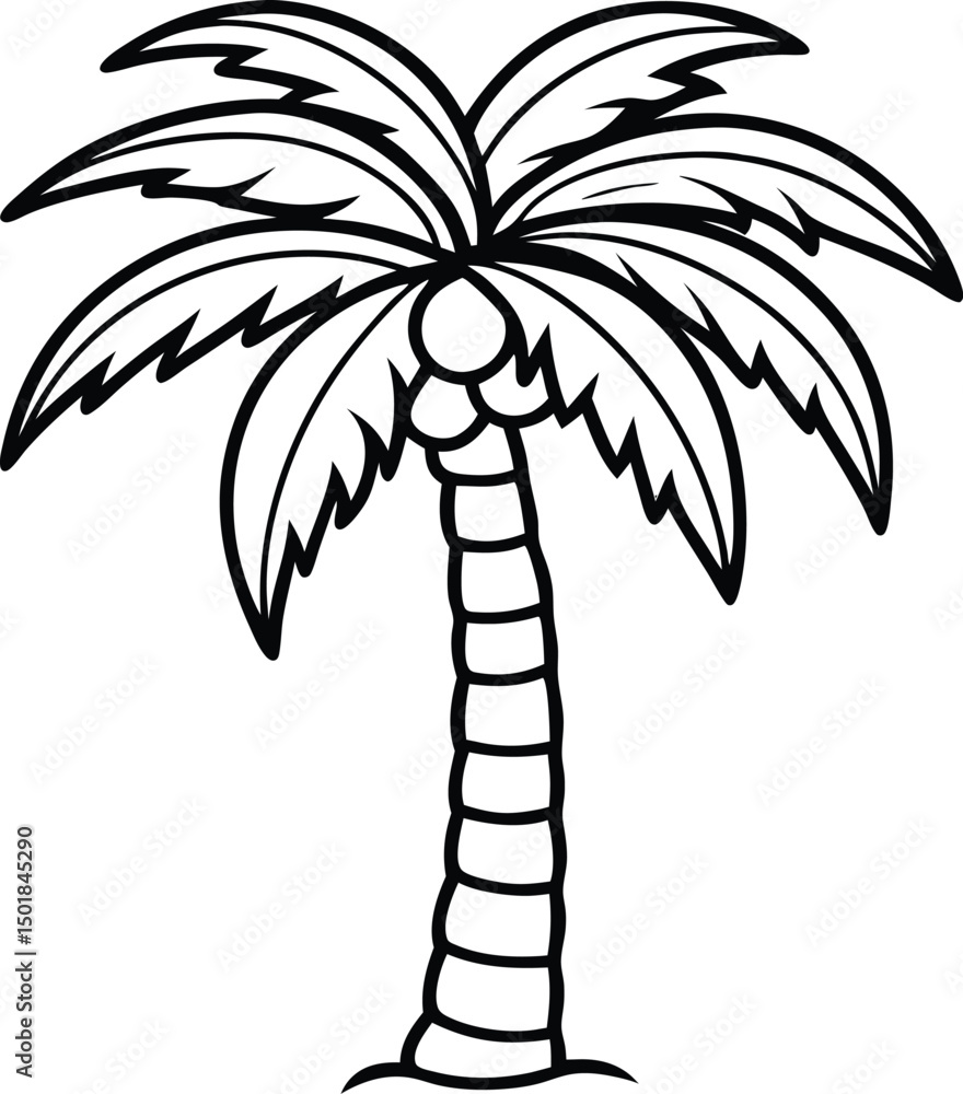 Fototapeta premium Palm tree outline drawing vector illustration tropical island summer vacation beach clip art design element on transparent background