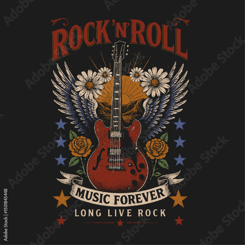 Rock and roll vintage graphic design.  rock and rool t-shirt design. retro vintage is rock n roll , forever rockin music vibes print.