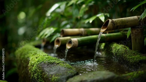 Serene bamboo water feature in a mossy garden