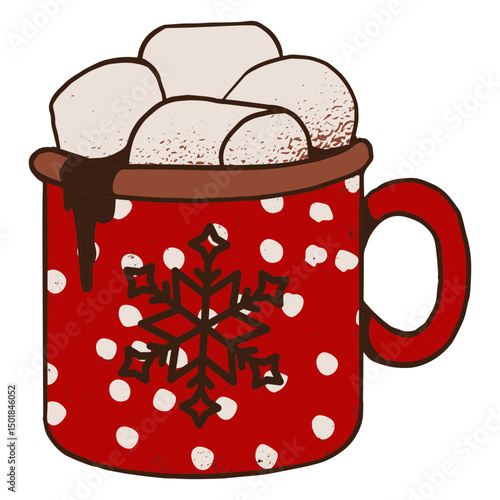 Red mug with hot drink and floating marshmallows