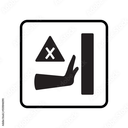Warning crushing hazard sign, hand near wall with triangular alert symbol, isolated on white background