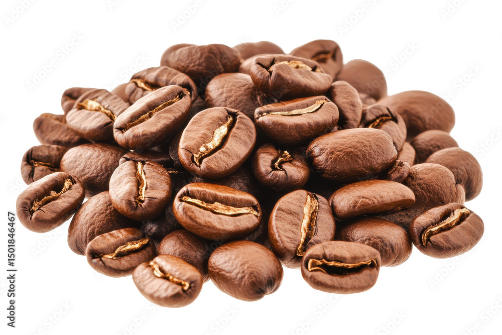 Naklejka premium Aromatic pile of coffee beans glossy and brown against a rich white background