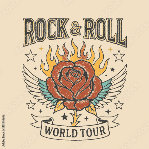 Rock and rool t-shirt design. Rose vintage is rock n roll. Rock and roll vintage graphic design. forever rockin music vibes print.