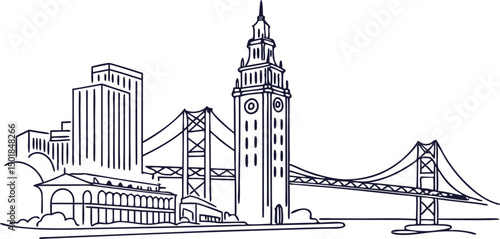 Oakland skyline, featuring the Tribune Tower and Bay Bridge in a modern, continuous-line style.