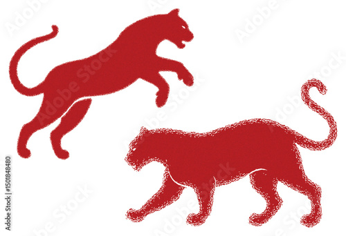 vector illustration of  Panther who jump, walking and hunt. grainy noise texture effect summer panthers design seamless colors teal abstract design.