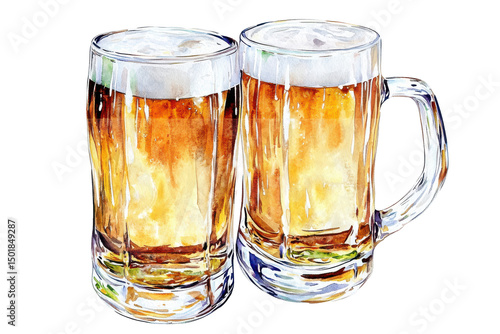 Beer Mugs Cheer Foamy Refreshment in a Watercolor Toast