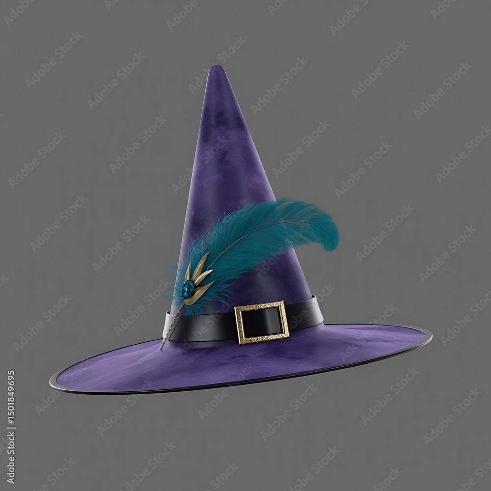 Fototapeta premium Elegant Witch Hat with Teal Feather and Gold Buckle on Gray Background
