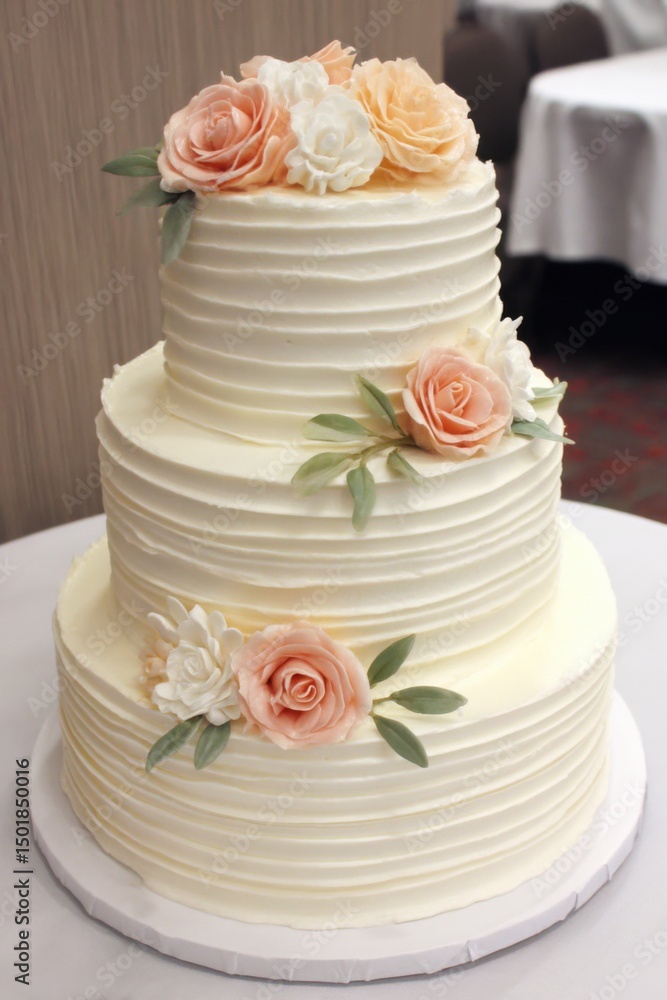 Elegant Three Tier Wedding Cake Displayed at Reception with Cream Frosting and Peach and White Roses Elegant Three Tier Wedding Cake Displayed at Reception with Cream Frosting and Peach and White Roses
