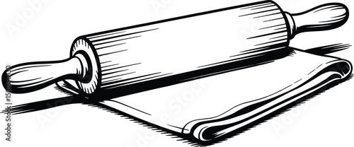Vintage Rolling Pin with Dough Line Art Illustration.