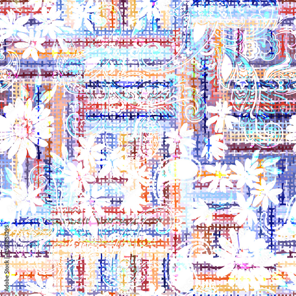 Naklejka premium Abstract Seamless Pattern Design, Repeatable Textile Fabric Print, Multicolor Allover Floral Design