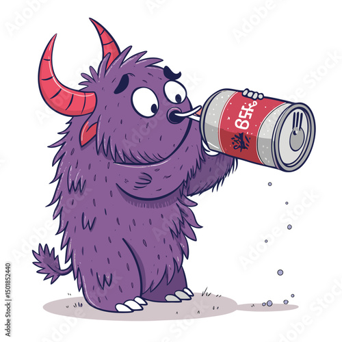 A whimsical, fuzzy, horned creature, possibly a mythical beast, drinks from a broken, mossy sod in a fantastical, whimsical setting.