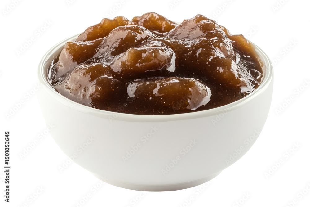 Brownsauced fruit filling overflows from a bright white bowl against a stark white background Brownsauced fruit filling overflows from a bright white bowl against a stark white background