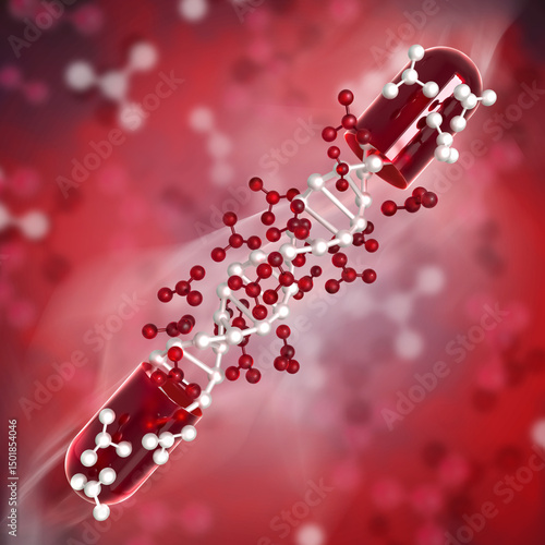 Medical conceptual background, opened capsule with medicine, DNA level restoration, stem cells, molecules, 3d rendering