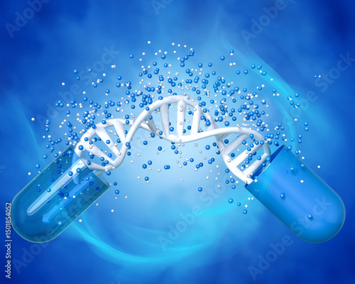 Medical conceptual background, opened capsule with medicine, DNA level restoration, stem cells, molecules, 3d rendering