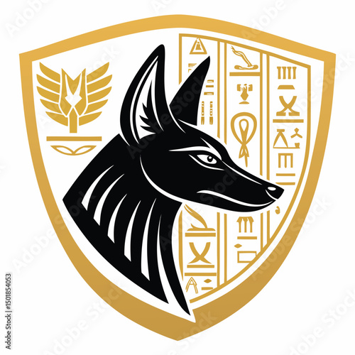 Design a striking logo featuring a black jackal's head superimposed on an ancient Egyptian hieroglyphic shield.  Emphasize sharp lines and bold colors.