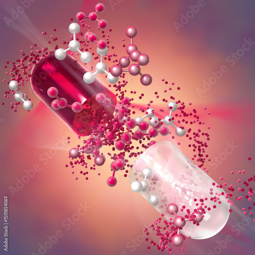 Medical conceptual background, opened capsule with medicine, DNA level restoration, stem cells, molecules, 3d rendering