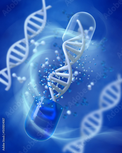 Medical conceptual background, opened capsule with medicine, DNA level restoration, stem cells, molecules, 3d rendering